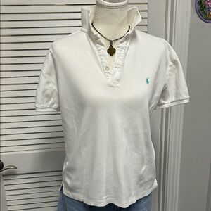 Ralph Lauren Women’s White Polo Shirt with aqua detail